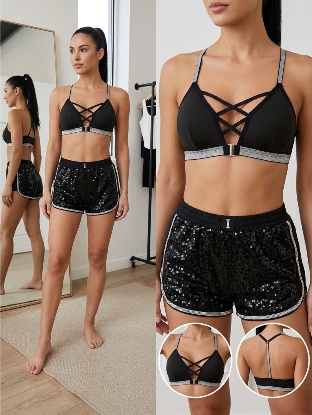 Bundle 2 Outfits: Fila Sequin Shorts, Bra, Sexy, Dance, Cheer, Halloween Costume